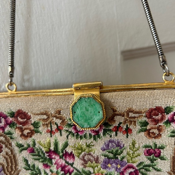 Antique Vintage Needlepoint Tapestry Evening Purse Handbag w/ etched Jade Clasp - Picture 2 of 7